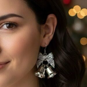 Festive Silver Tone Christmas Jingle Bell Earrings with Glitter Bow